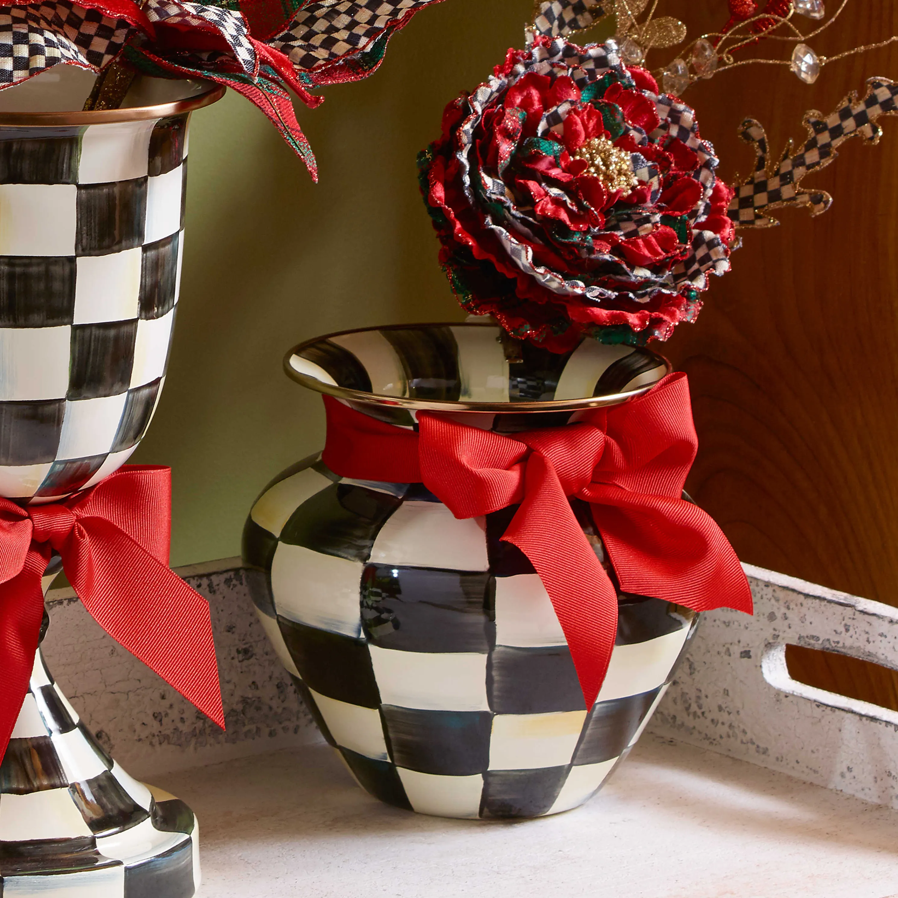 Courtly Check Enamel Large Vase - Red Bow