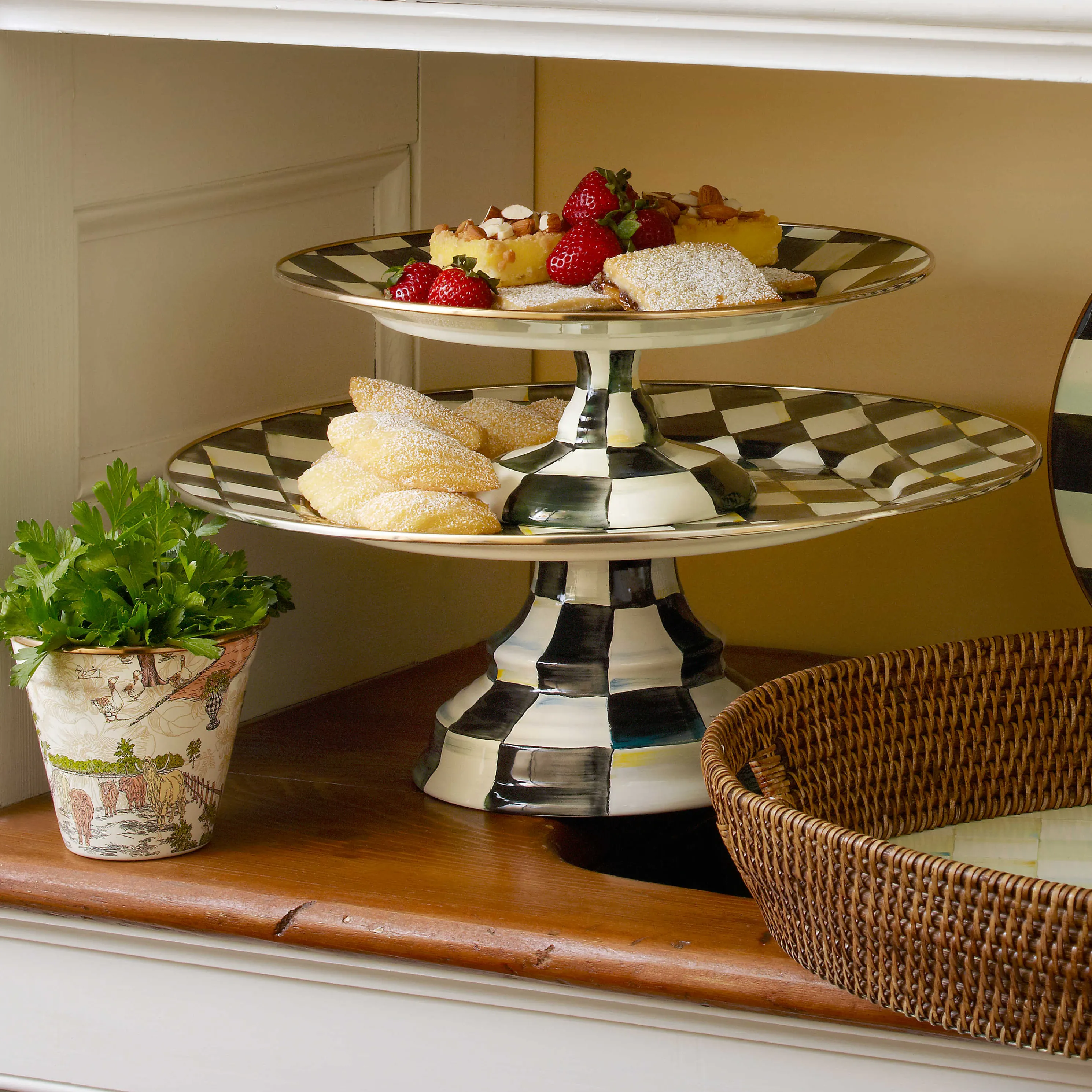 Courtly Check Enamel Pedestal Platter - Large