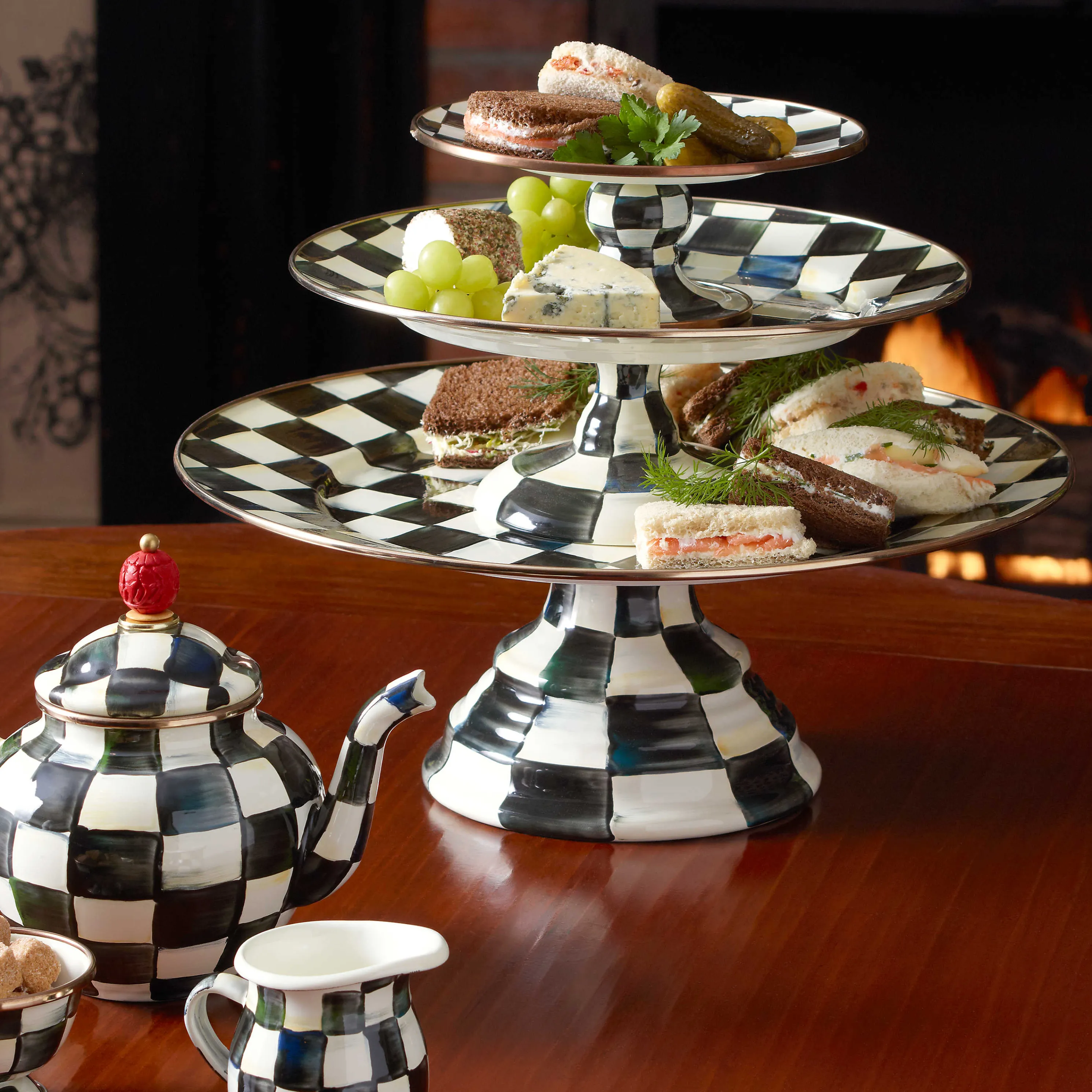 Courtly Check Enamel Pedestal Platter - Large