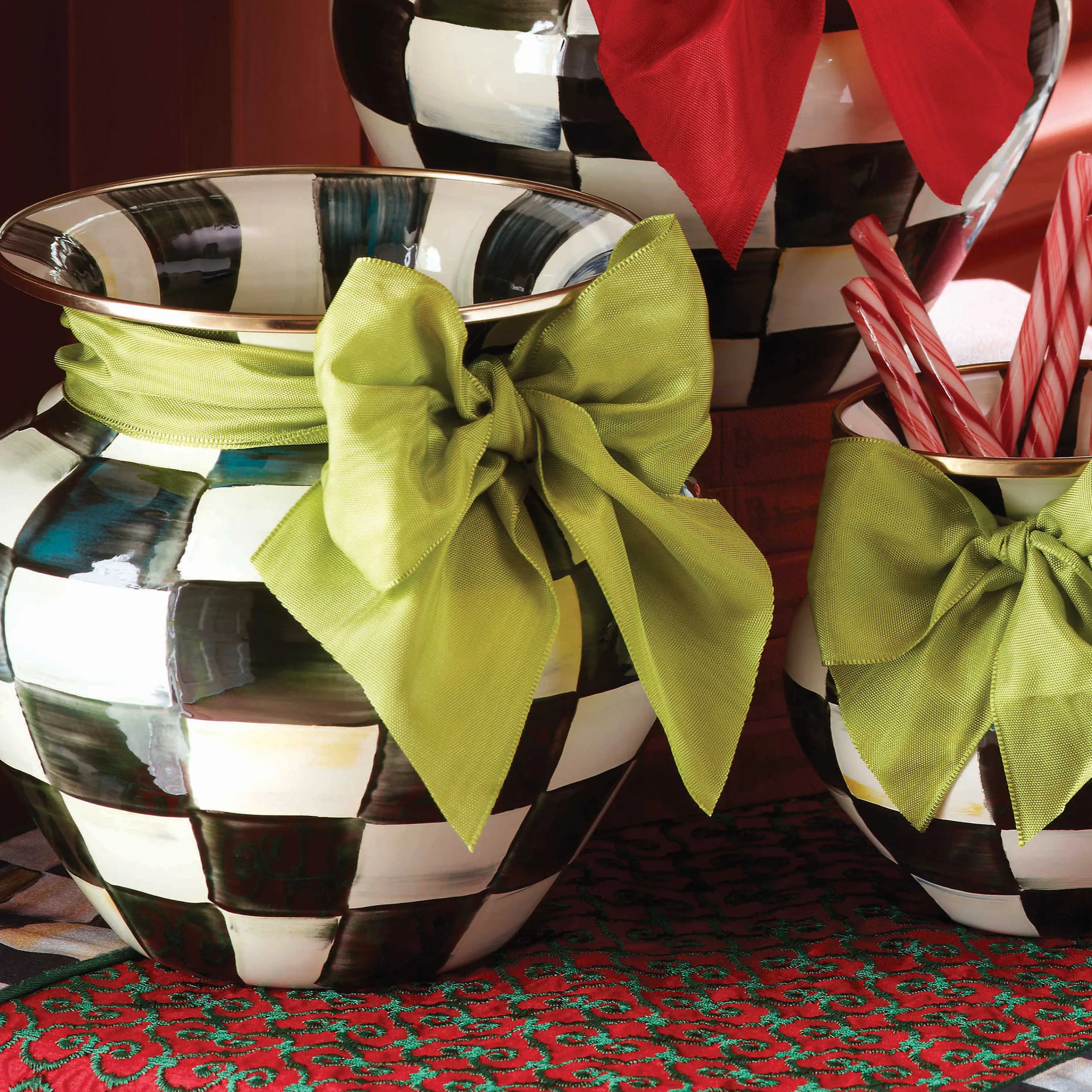 Courtly Check Enamel Large Vase - Green Bow