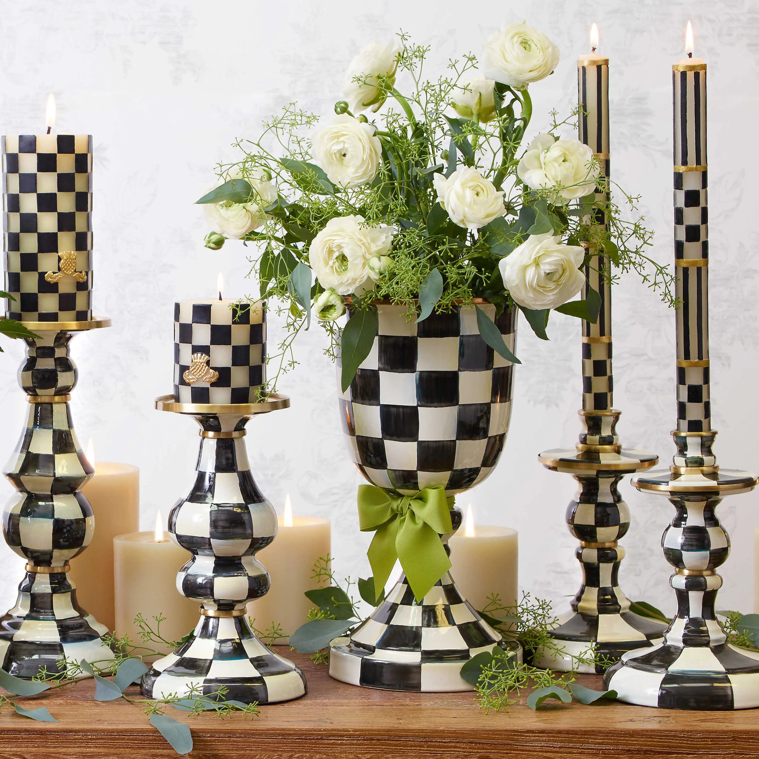 Courtly Check Enamel Pedestal Vase - Green Bow