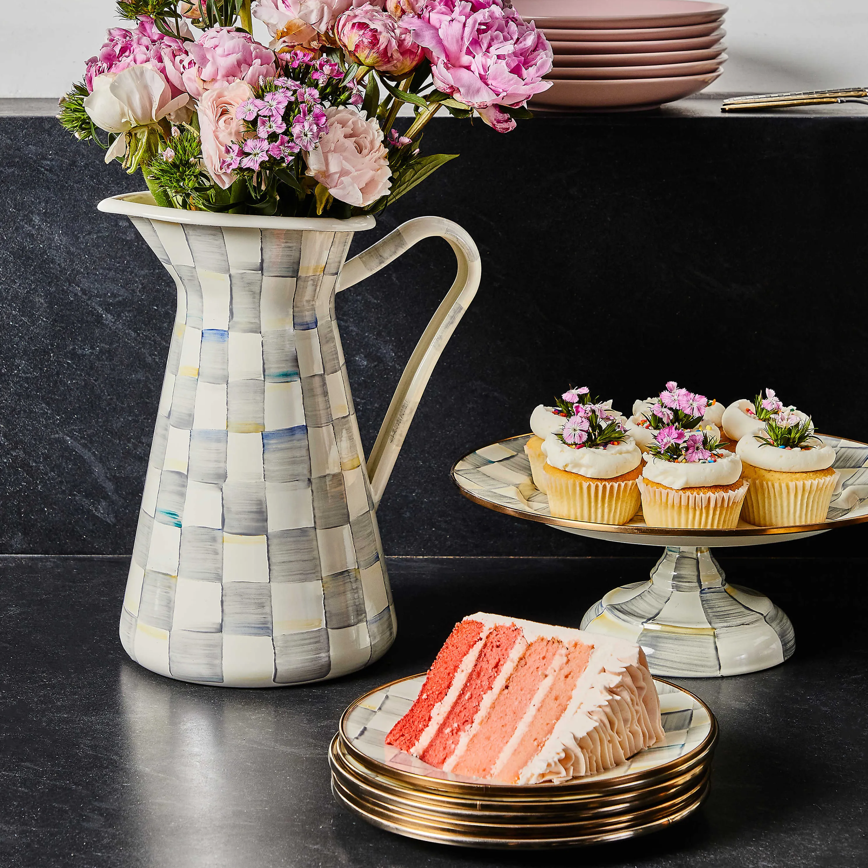 Sterling Check Enamel Pedestal Platter - Small