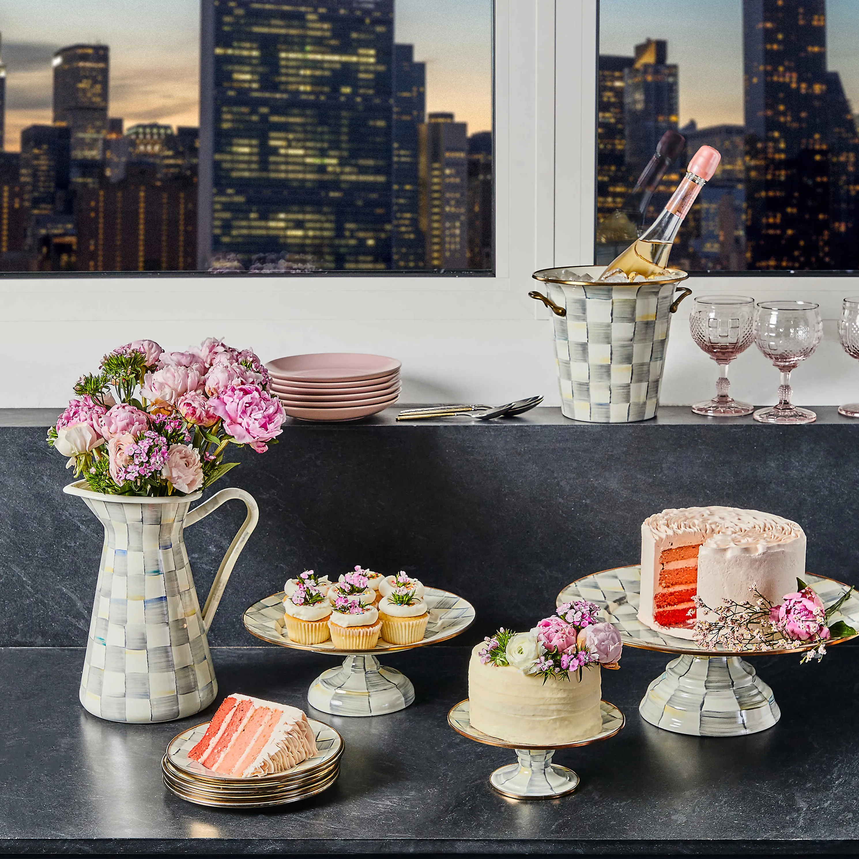 Sterling Check Enamel Pedestal Platter - Small