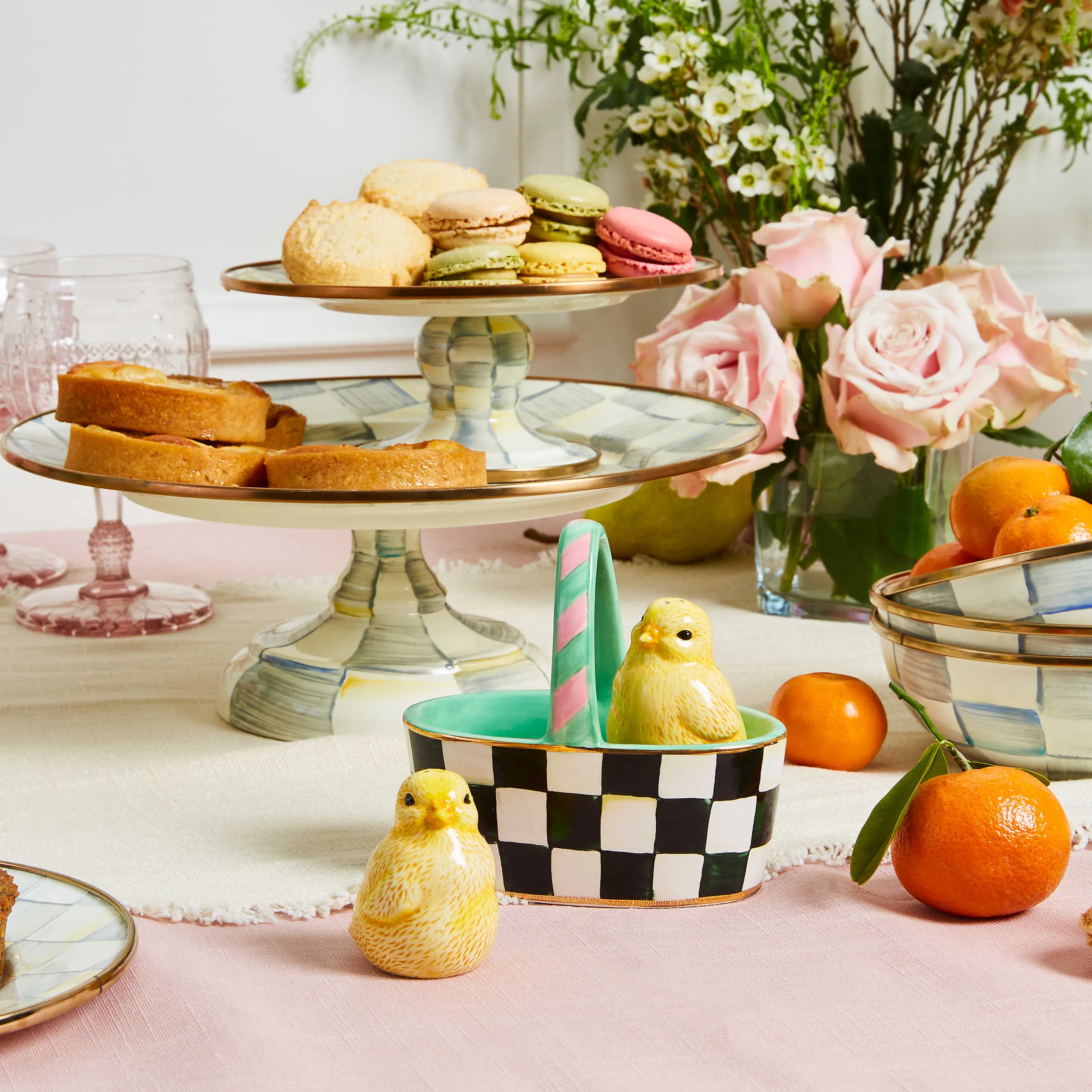 Sterling Check Enamel Pedestal Platter - Mini