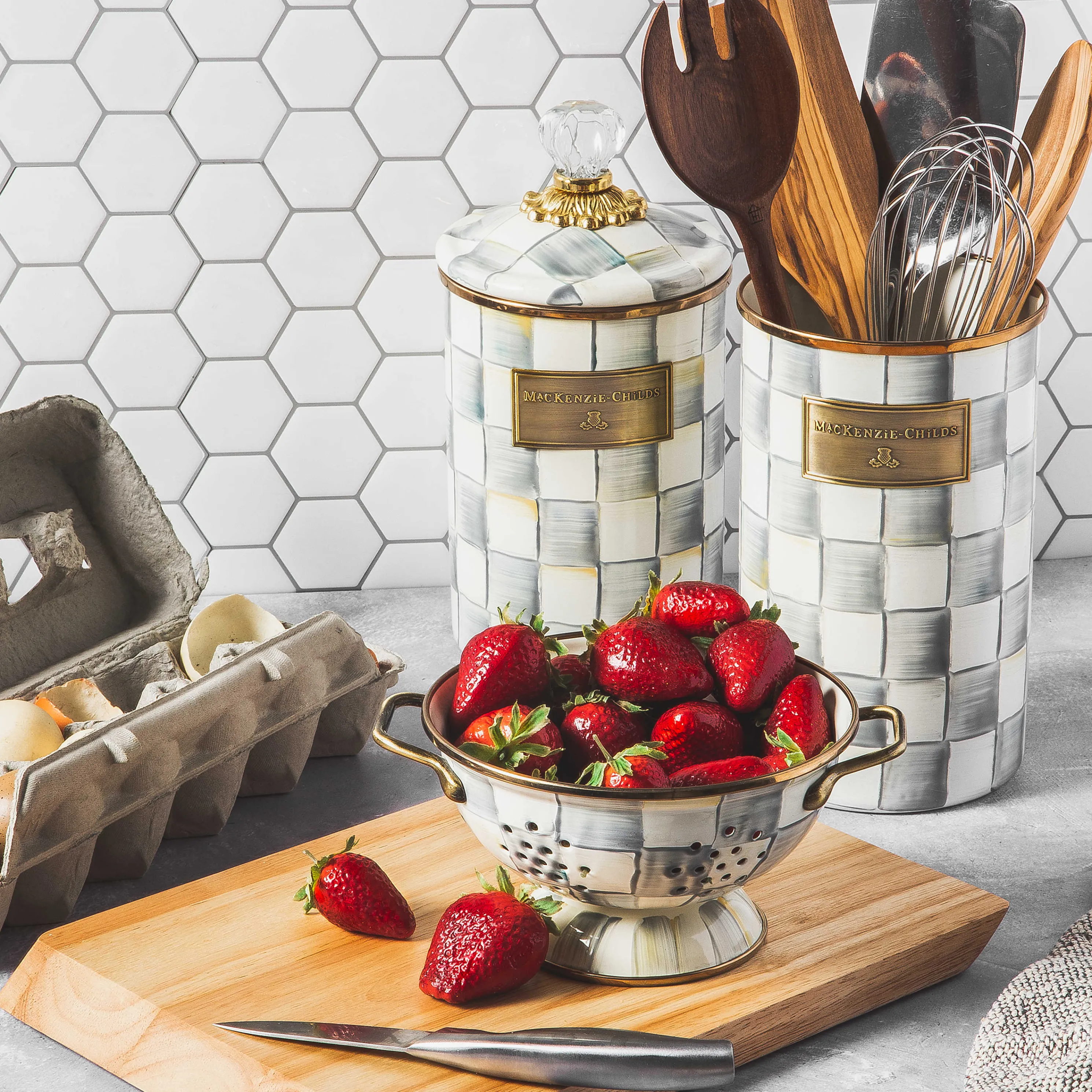 Sterling Check Enamel Utensil Holder