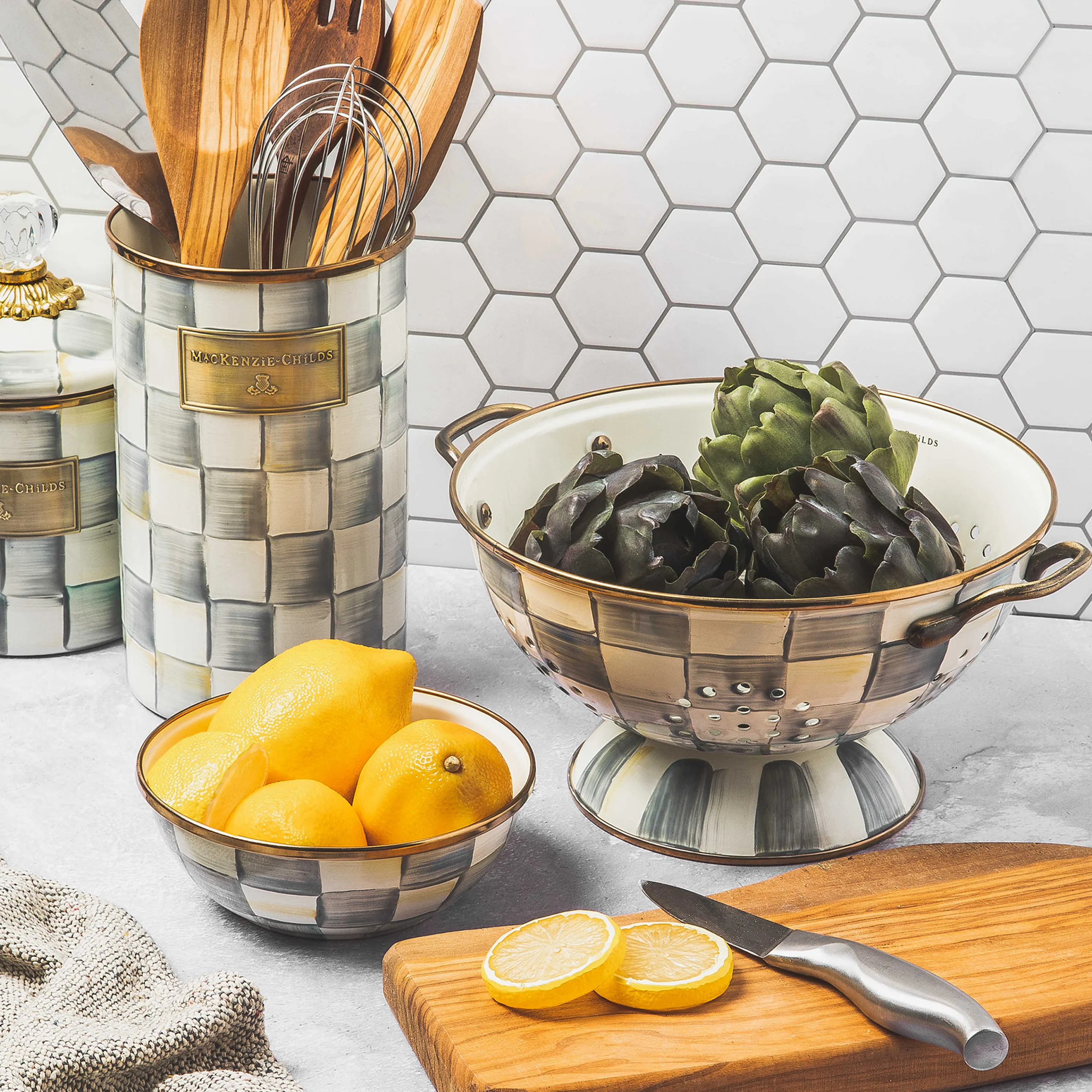 Sterling Check Enamel Utensil Holder