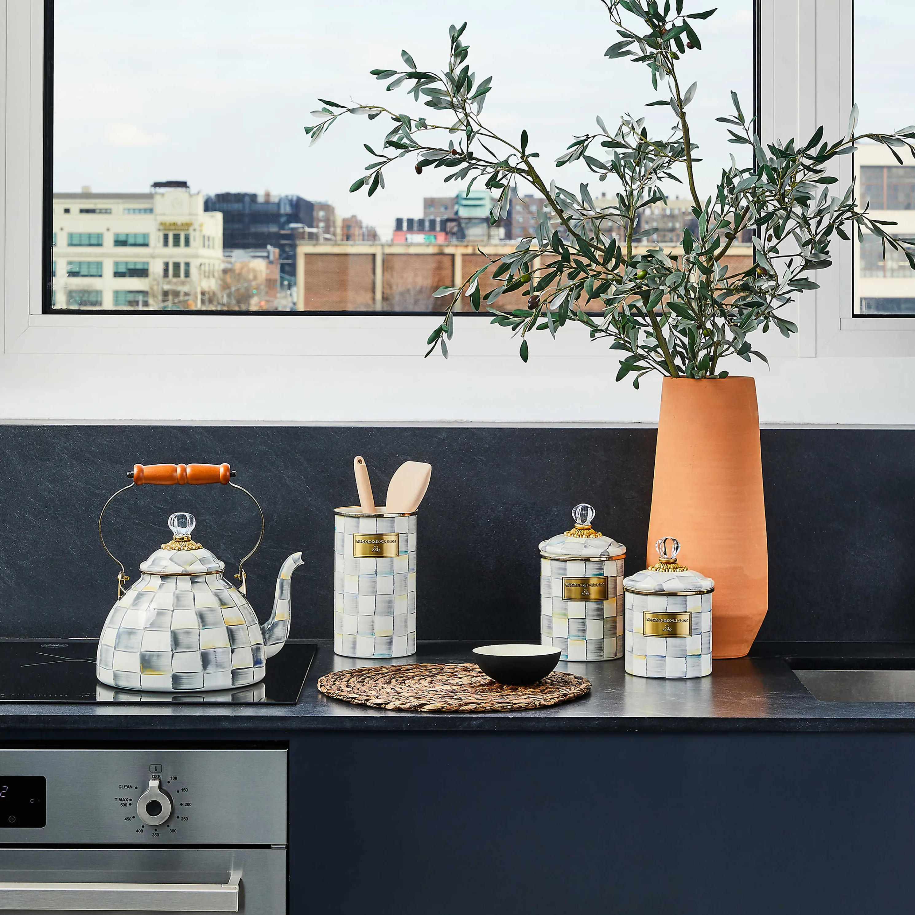 Sterling Check Enamel Utensil Holder