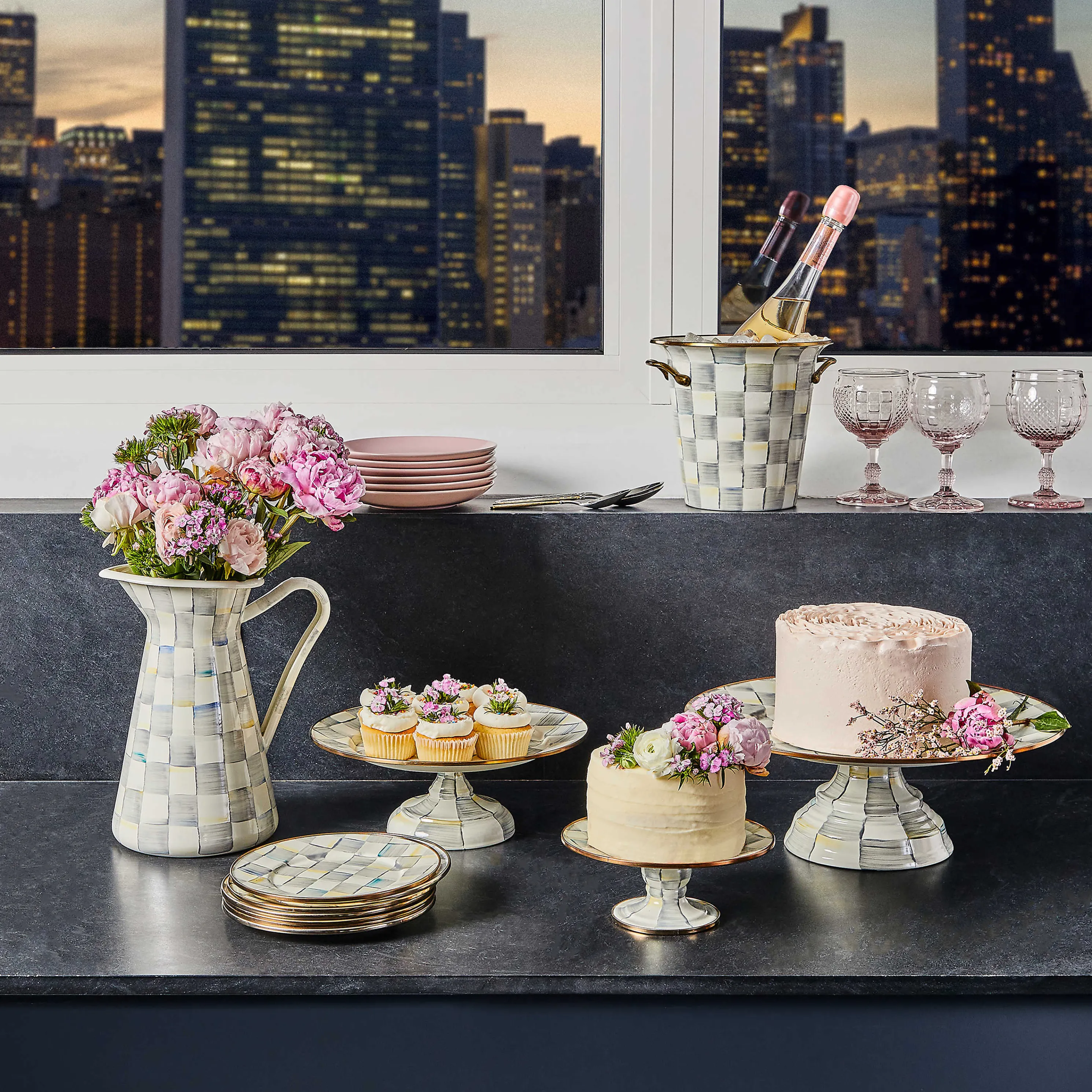 Sterling Check Enamel Pedestal Platter - Large